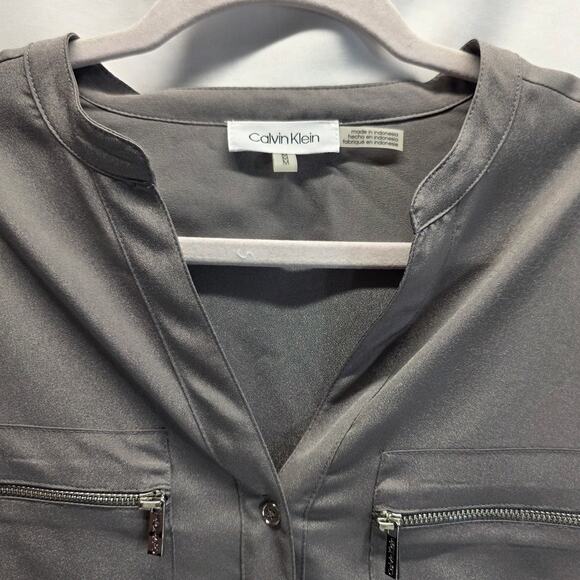 Calvin Klein Women's Silver Button-Down Roll Sleeve Zipper Pocket Blouse, Medium - Picture 3 of 13